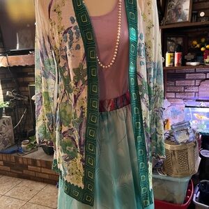 Chico's Geometric Sheer Cardigan with Green Accents